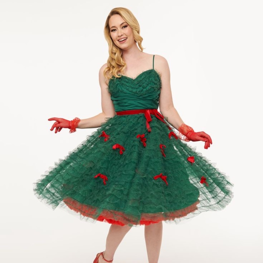Unique Vintage Retro Red and Green Christmas Tulle Cupcake Dress 1950’s XS